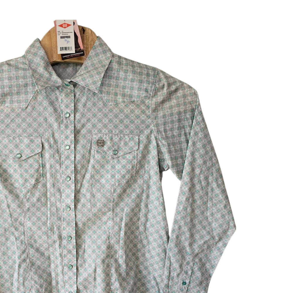 Cinch Women Teal Geometric Print Western Snap Button Shirt MSW9200025 XL NWT